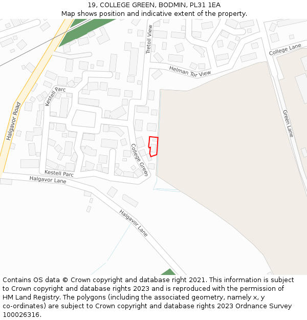 19, COLLEGE GREEN, BODMIN, PL31 1EA: Location map and indicative extent of plot