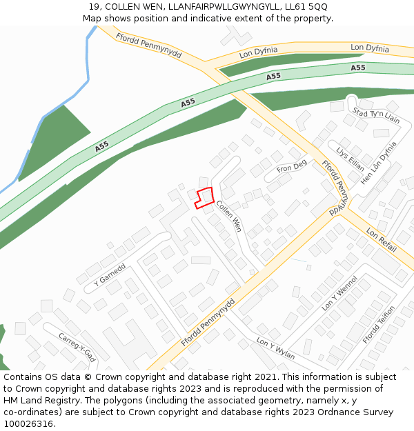 19, COLLEN WEN, LLANFAIRPWLLGWYNGYLL, LL61 5QQ: Location map and indicative extent of plot