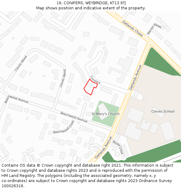 19, CONIFERS, WEYBRIDGE, KT13 9TJ: Location map and indicative extent of plot
