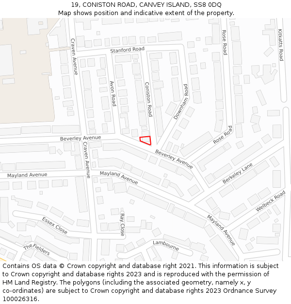 19, CONISTON ROAD, CANVEY ISLAND, SS8 0DQ: Location map and indicative extent of plot