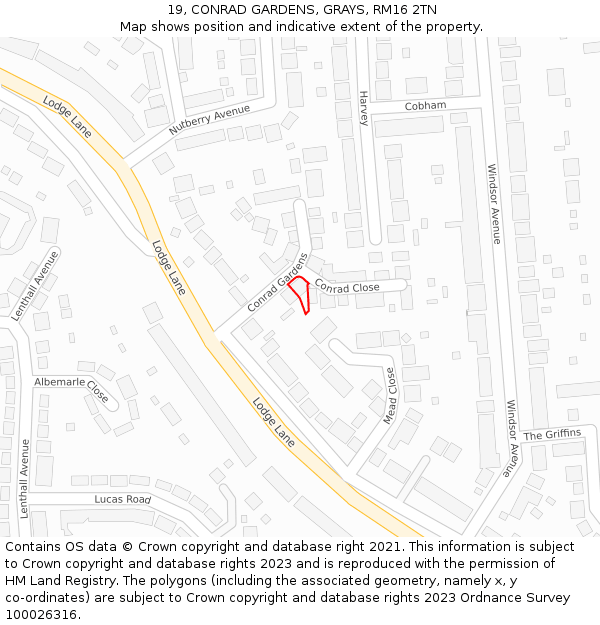 19, CONRAD GARDENS, GRAYS, RM16 2TN: Location map and indicative extent of plot