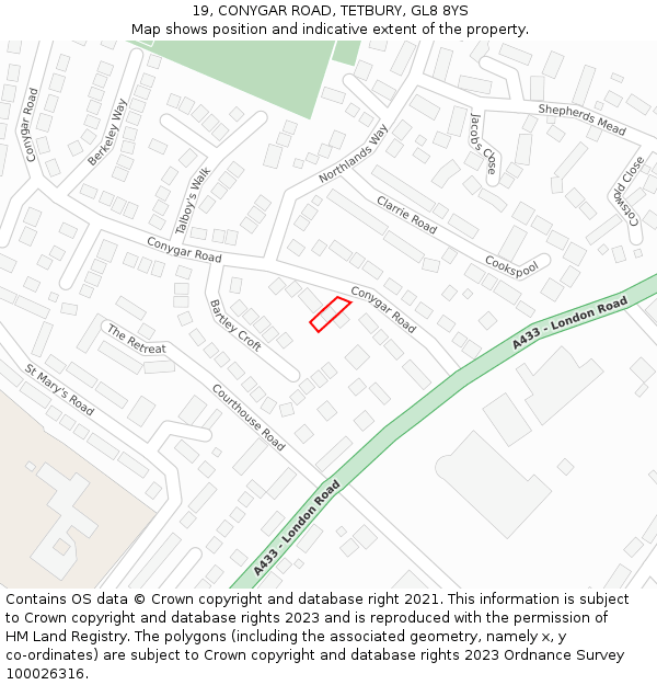 19, CONYGAR ROAD, TETBURY, GL8 8YS: Location map and indicative extent of plot