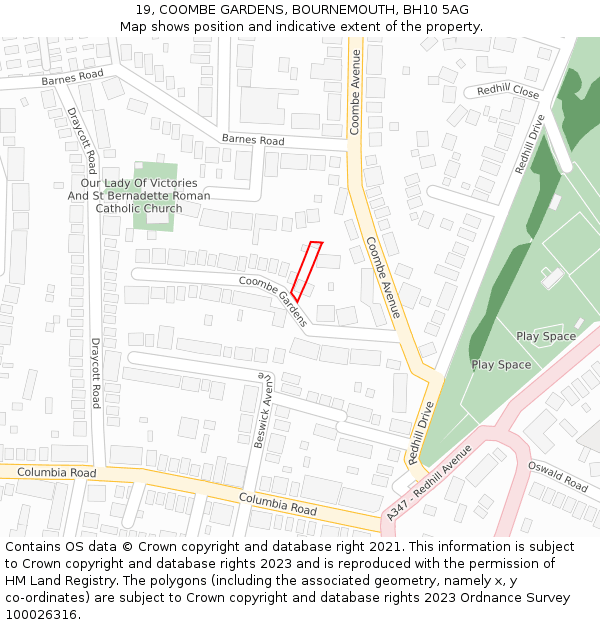 19, COOMBE GARDENS, BOURNEMOUTH, BH10 5AG: Location map and indicative extent of plot