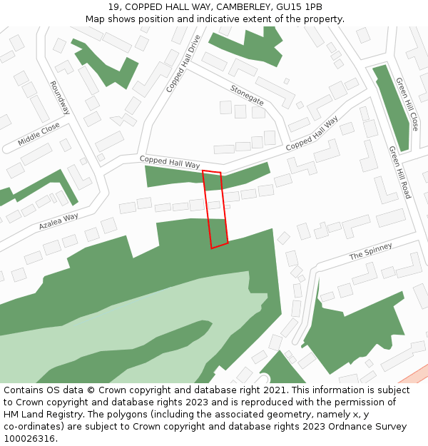 19, COPPED HALL WAY, CAMBERLEY, GU15 1PB: Location map and indicative extent of plot