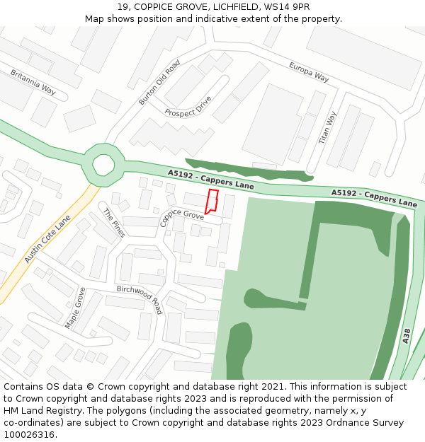 19, COPPICE GROVE, LICHFIELD, WS14 9PR: Location map and indicative extent of plot