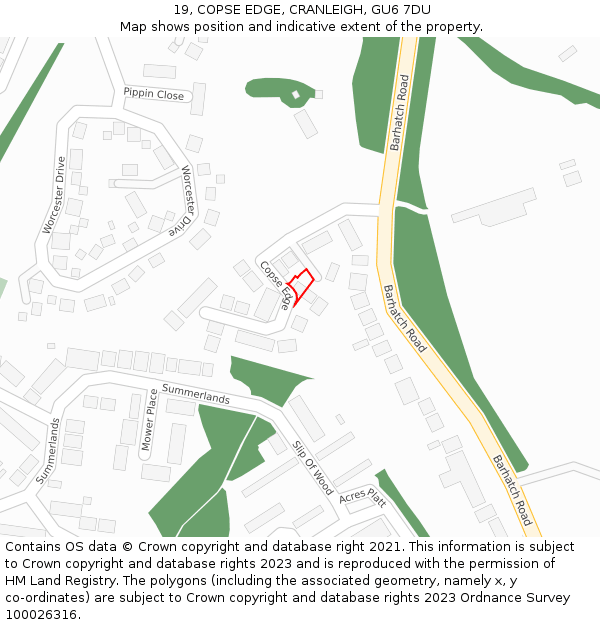 19, COPSE EDGE, CRANLEIGH, GU6 7DU: Location map and indicative extent of plot