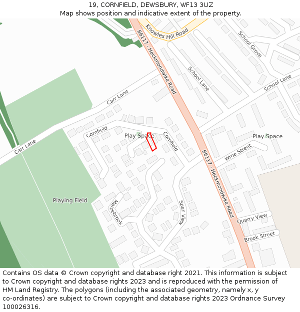 19, CORNFIELD, DEWSBURY, WF13 3UZ: Location map and indicative extent of plot
