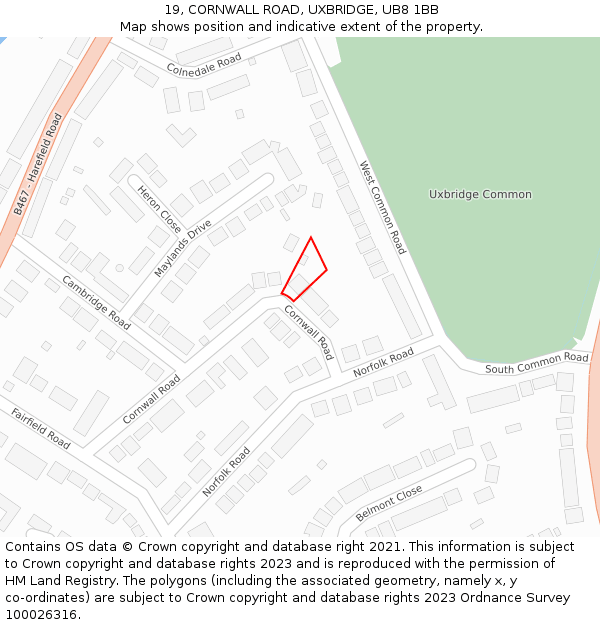19, CORNWALL ROAD, UXBRIDGE, UB8 1BB: Location map and indicative extent of plot
