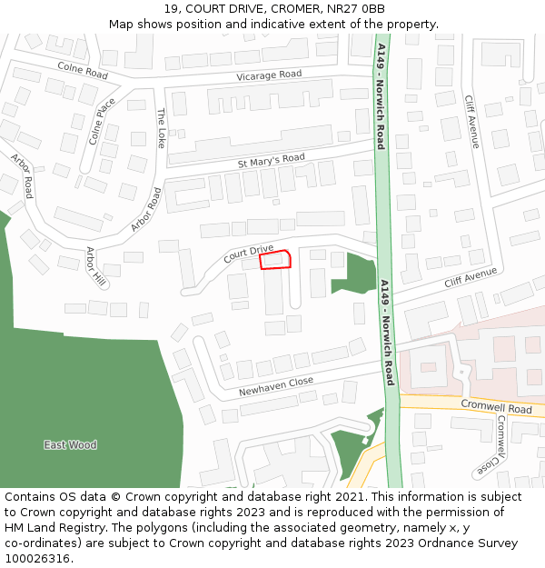 19, COURT DRIVE, CROMER, NR27 0BB: Location map and indicative extent of plot