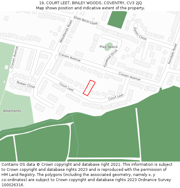 19, COURT LEET, BINLEY WOODS, COVENTRY, CV3 2JQ: Location map and indicative extent of plot