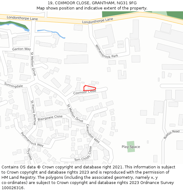 19, COXMOOR CLOSE, GRANTHAM, NG31 9FG: Location map and indicative extent of plot