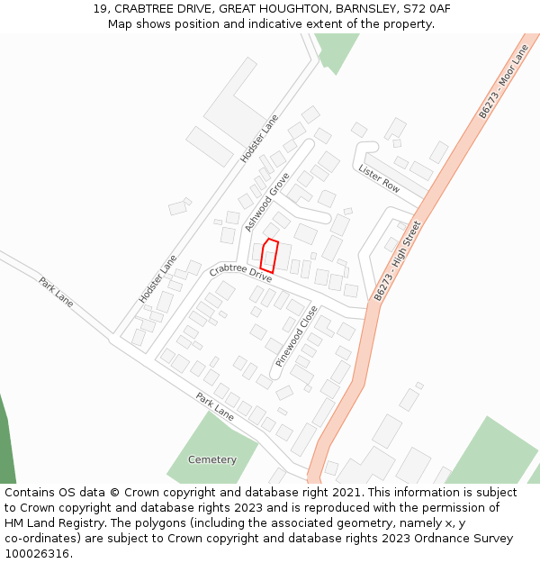 19, CRABTREE DRIVE, GREAT HOUGHTON, BARNSLEY, S72 0AF: Location map and indicative extent of plot