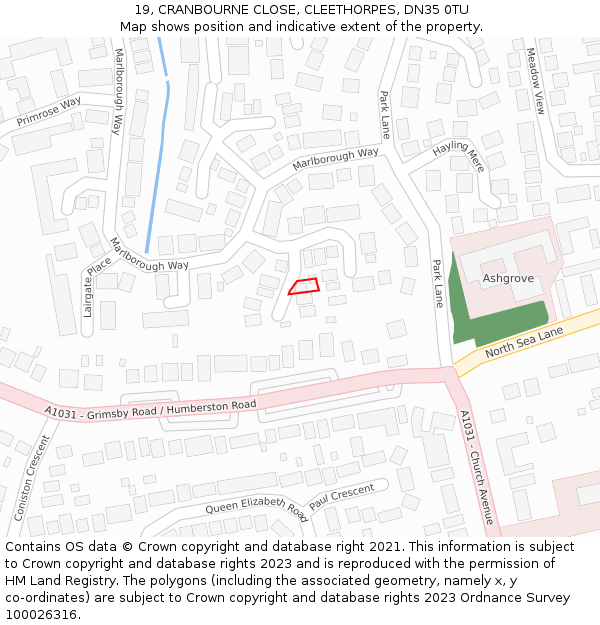 19, CRANBOURNE CLOSE, CLEETHORPES, DN35 0TU: Location map and indicative extent of plot