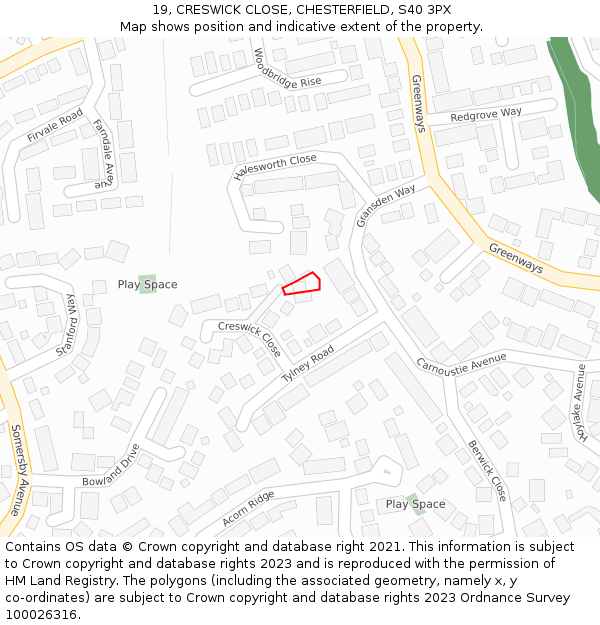 19, CRESWICK CLOSE, CHESTERFIELD, S40 3PX: Location map and indicative extent of plot