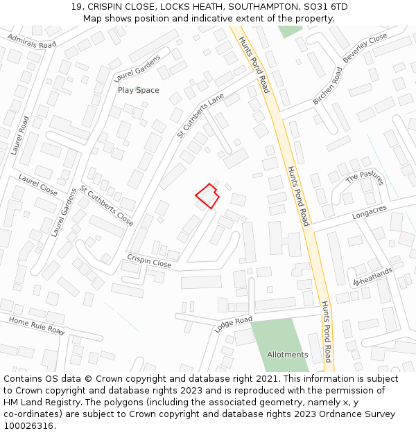 19, CRISPIN CLOSE, LOCKS HEATH, SOUTHAMPTON, SO31 6TD: Location map and indicative extent of plot