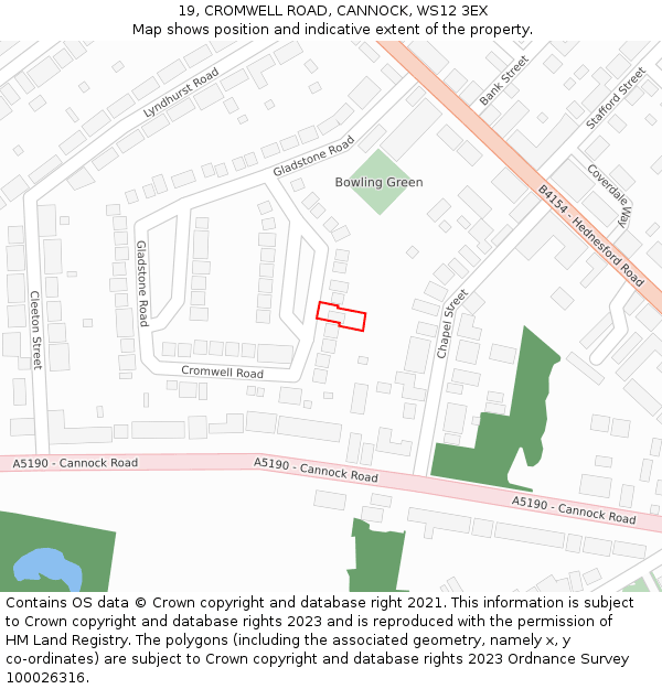 19, CROMWELL ROAD, CANNOCK, WS12 3EX: Location map and indicative extent of plot