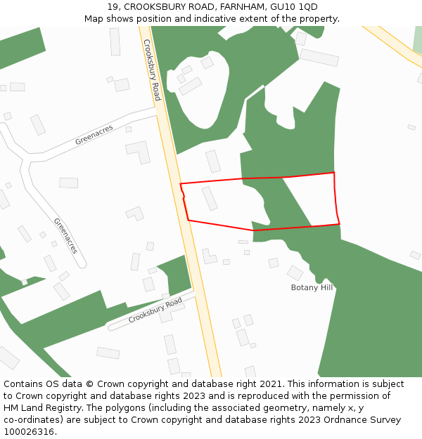 19, CROOKSBURY ROAD, FARNHAM, GU10 1QD: Location map and indicative extent of plot