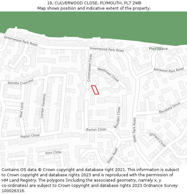 19, CULVERWOOD CLOSE, PLYMOUTH, PL7 2WB: Location map and indicative extent of plot