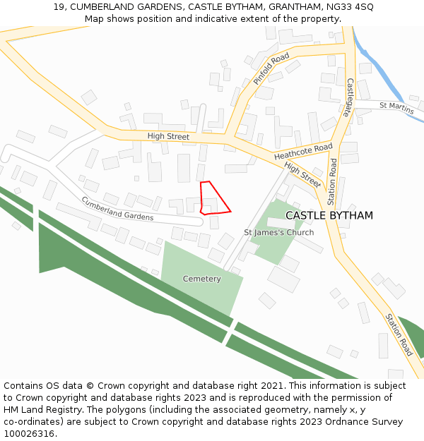 19, CUMBERLAND GARDENS, CASTLE BYTHAM, GRANTHAM, NG33 4SQ: Location map and indicative extent of plot