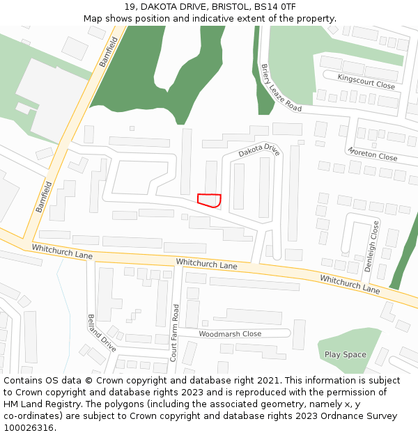 19, DAKOTA DRIVE, BRISTOL, BS14 0TF: Location map and indicative extent of plot