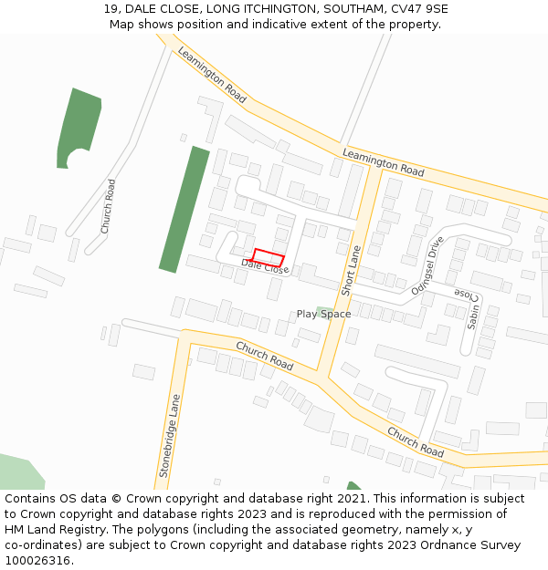 19, DALE CLOSE, LONG ITCHINGTON, SOUTHAM, CV47 9SE: Location map and indicative extent of plot