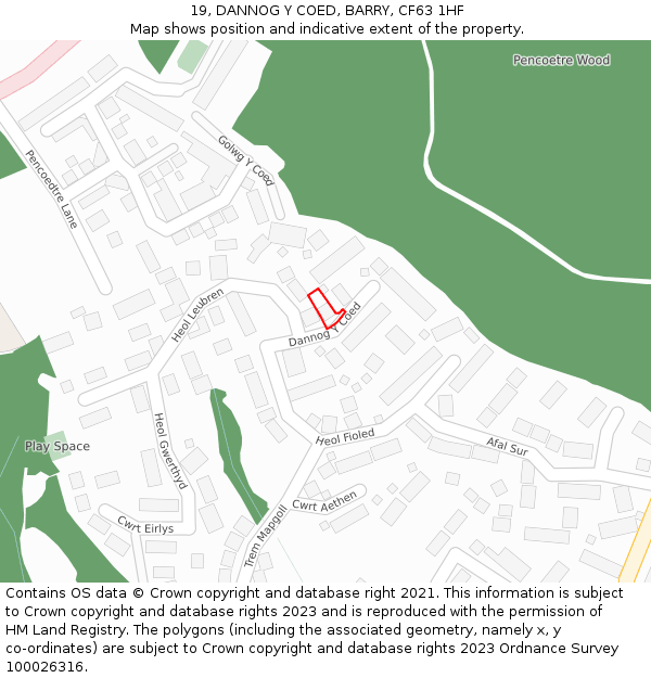 19, DANNOG Y COED, BARRY, CF63 1HF: Location map and indicative extent of plot