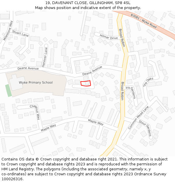 19, DAVENANT CLOSE, GILLINGHAM, SP8 4SL: Location map and indicative extent of plot