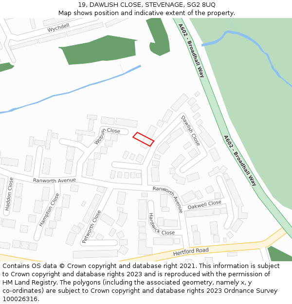 19, DAWLISH CLOSE, STEVENAGE, SG2 8UQ: Location map and indicative extent of plot