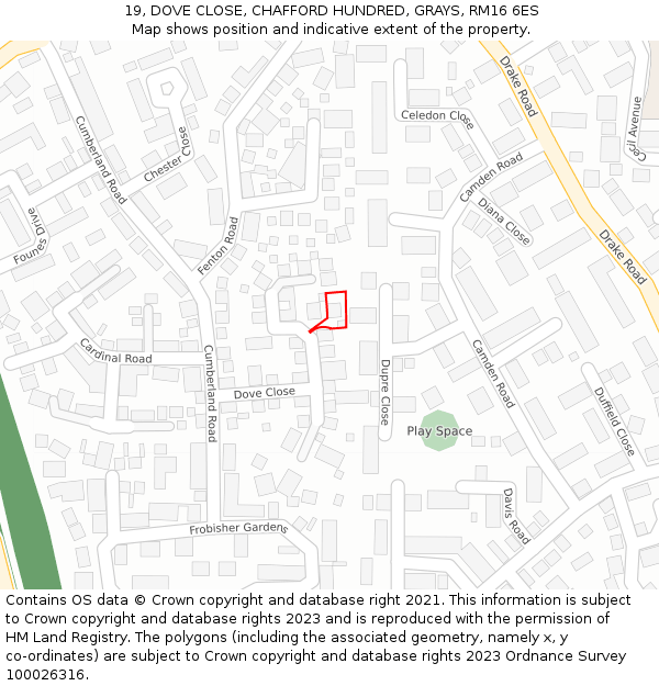 19, DOVE CLOSE, CHAFFORD HUNDRED, GRAYS, RM16 6ES: Location map and indicative extent of plot