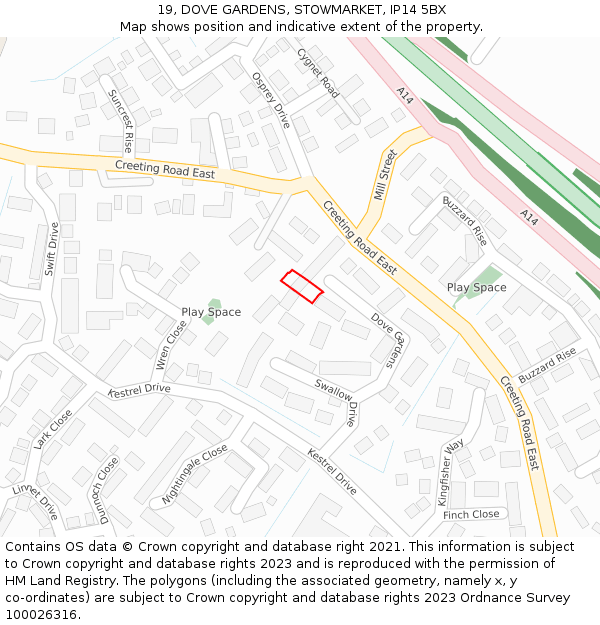 19, DOVE GARDENS, STOWMARKET, IP14 5BX: Location map and indicative extent of plot