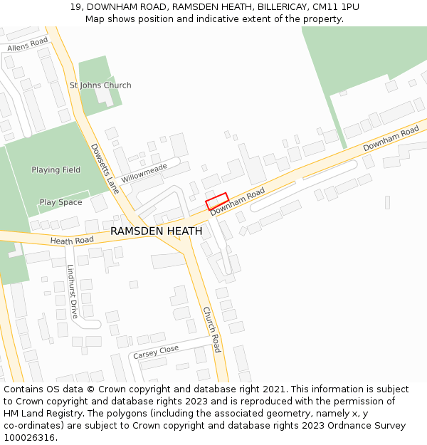19, DOWNHAM ROAD, RAMSDEN HEATH, BILLERICAY, CM11 1PU: Location map and indicative extent of plot