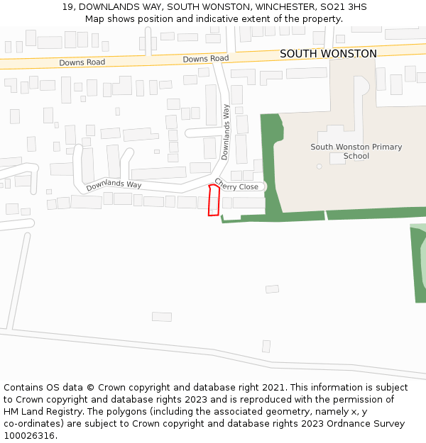 19, DOWNLANDS WAY, SOUTH WONSTON, WINCHESTER, SO21 3HS: Location map and indicative extent of plot