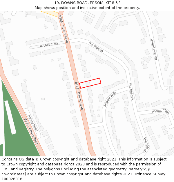 19, DOWNS ROAD, EPSOM, KT18 5JF: Location map and indicative extent of plot