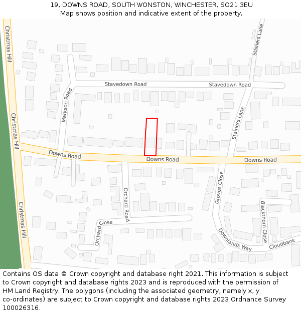 19, DOWNS ROAD, SOUTH WONSTON, WINCHESTER, SO21 3EU: Location map and indicative extent of plot