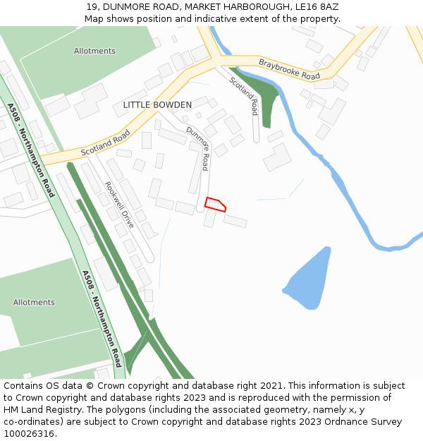19, DUNMORE ROAD, MARKET HARBOROUGH, LE16 8AZ: Location map and indicative extent of plot