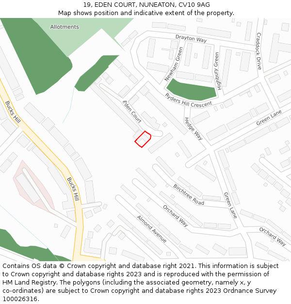 19, EDEN COURT, NUNEATON, CV10 9AG: Location map and indicative extent of plot