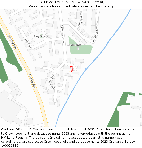 19, EDMONDS DRIVE, STEVENAGE, SG2 9TJ: Location map and indicative extent of plot