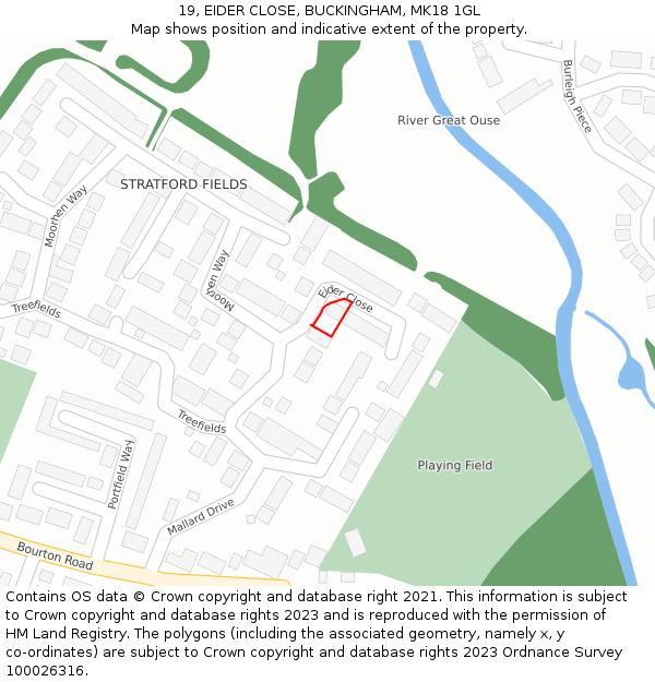19, EIDER CLOSE, BUCKINGHAM, MK18 1GL: Location map and indicative extent of plot