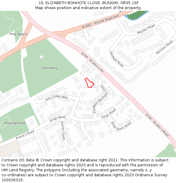 19, ELIZABETH BONHOTE CLOSE, BUNGAY, NR35 1SF: Location map and indicative extent of plot