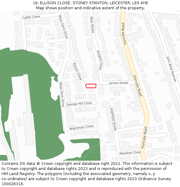 19, ELLISON CLOSE, STONEY STANTON, LEICESTER, LE9 4HE: Location map and indicative extent of plot