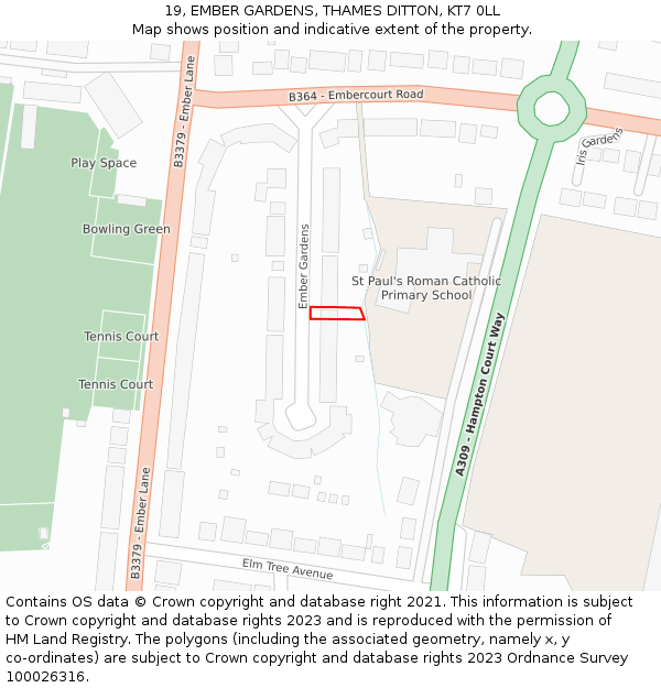 19, EMBER GARDENS, THAMES DITTON, KT7 0LL: Location map and indicative extent of plot