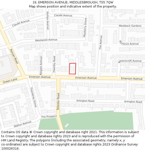 19, EMERSON AVENUE, MIDDLESBROUGH, TS5 7QW: Location map and indicative extent of plot