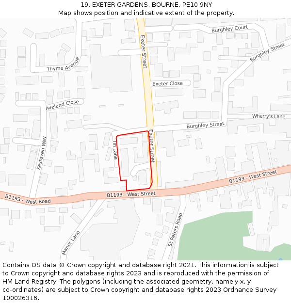 19, EXETER GARDENS, BOURNE, PE10 9NY: Location map and indicative extent of plot