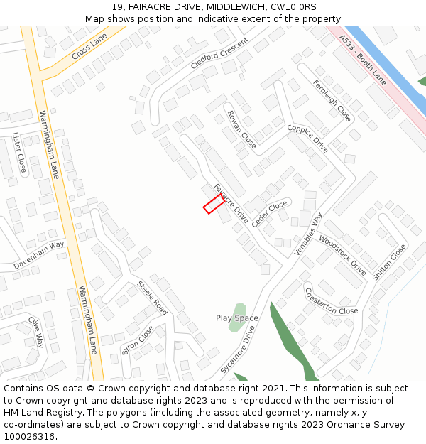 19, FAIRACRE DRIVE, MIDDLEWICH, CW10 0RS: Location map and indicative extent of plot