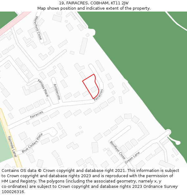 19, FAIRACRES, COBHAM, KT11 2JW: Location map and indicative extent of plot
