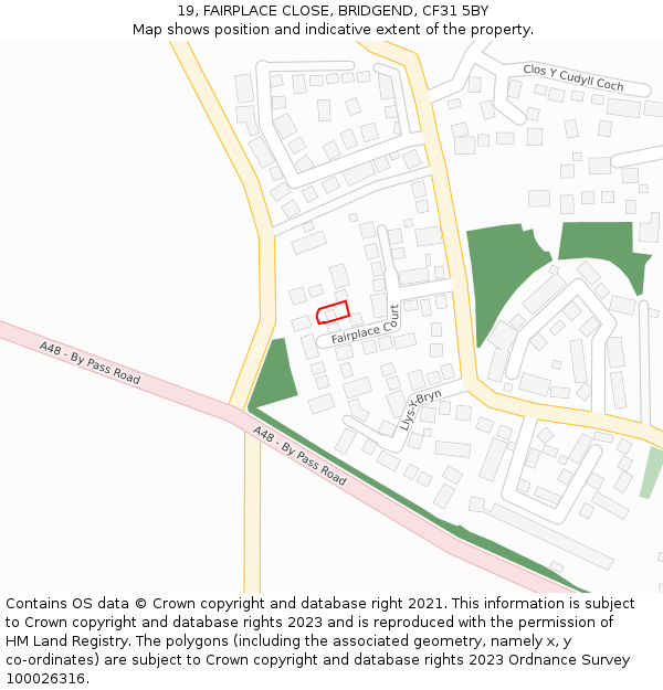 19, FAIRPLACE CLOSE, BRIDGEND, CF31 5BY: Location map and indicative extent of plot