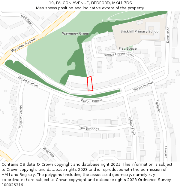 19, FALCON AVENUE, BEDFORD, MK41 7DS: Location map and indicative extent of plot