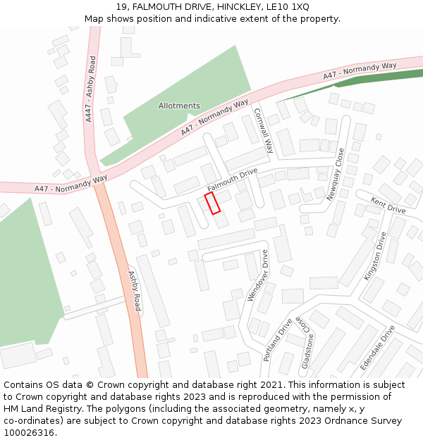 19, FALMOUTH DRIVE, HINCKLEY, LE10 1XQ: Location map and indicative extent of plot