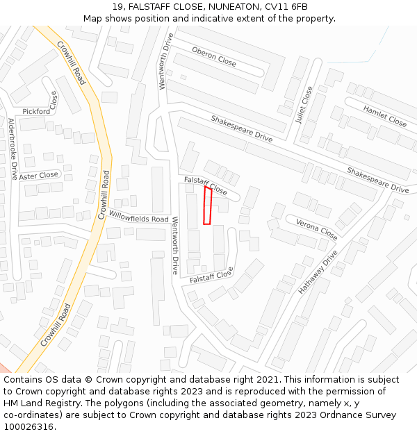 19, FALSTAFF CLOSE, NUNEATON, CV11 6FB: Location map and indicative extent of plot