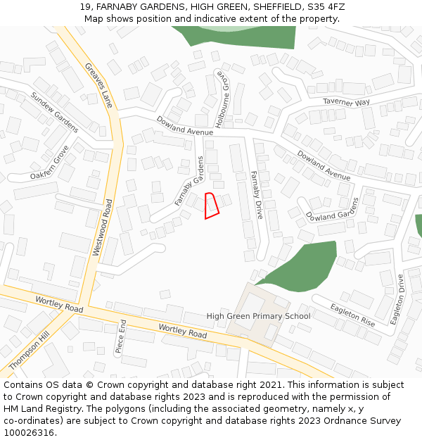 19, FARNABY GARDENS, HIGH GREEN, SHEFFIELD, S35 4FZ: Location map and indicative extent of plot